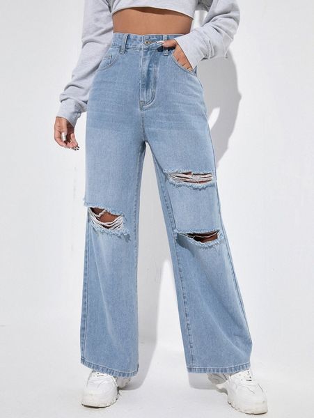 

high waist ripped wide leg jeans c5k5#, Blue