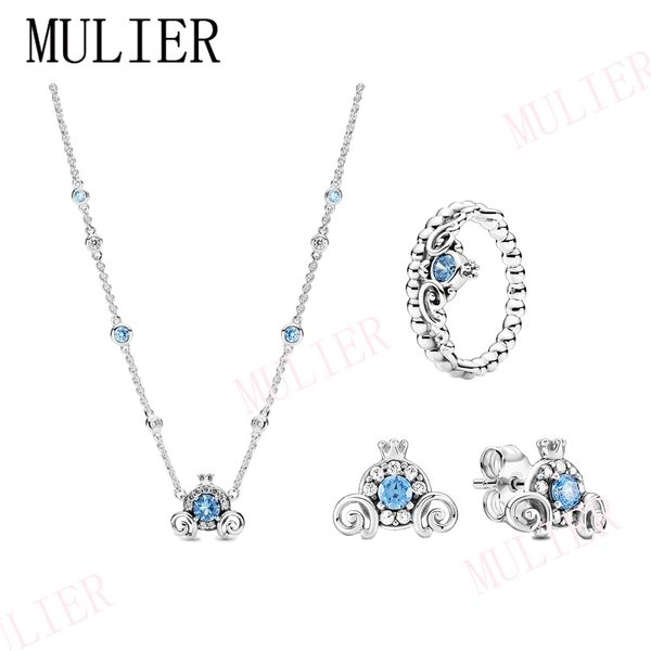 

2020 winter 925 silver cinderella blue tiara ring pumpkin earring carriage necklace mouse dangle charm magic snow globe gift set q0531, Black