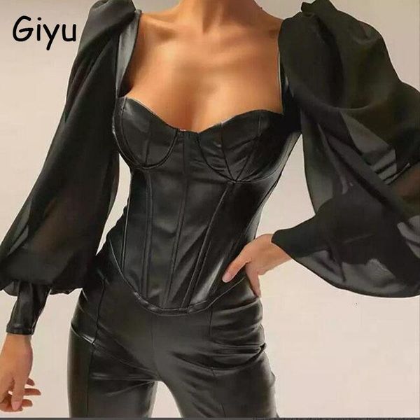 

giyu blouse fashion women 2021 autumn long lantern sleeve mesh patchword pu leather shirts club party blusas black, White
