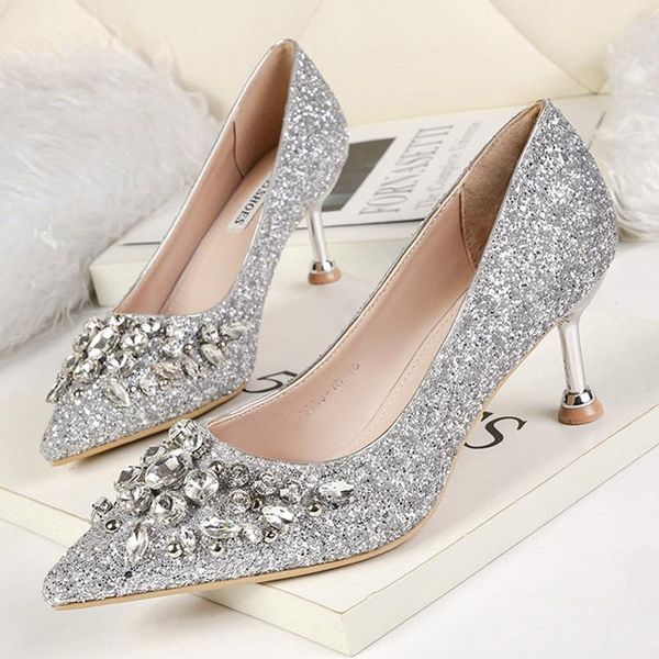 

dress shoes 2021 kitten heels rhinestone women pumps sequins high gold silver wedding female slingback, Black