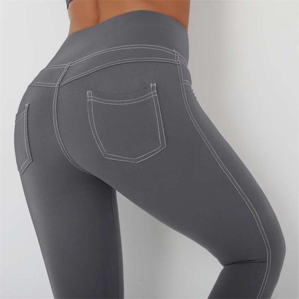 

women leggings pocket seamless high waist fitness leggings push up gym pants workout elasticity female imitate cowboy 210928, Black