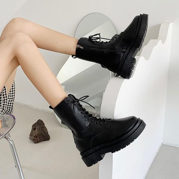 

boots women's autumn shoes luxury designer lace up flat heel round toe boots-women rock med ankle fashion ladies 2021 lolita pvc, Black