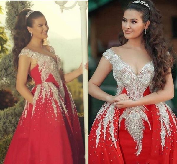 

2021 new gorgegous prom es with detachable off shoulder bead applique mermaid evening gown sweep train formal party c075, White;pink