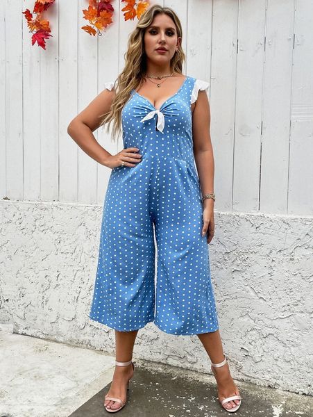 

plus polka dot knot front ruffle trim jumpsuit f9xf#, Black