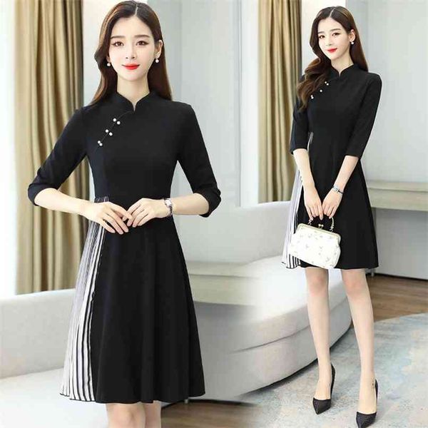 

spring autumn black vintage mini dress chinese style plus size long sleeve dresses elegant women party casual vestidos 210528, Black;gray