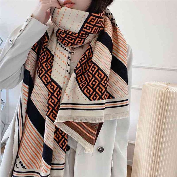 

the new design 2021 new korean geometric letter imitation cashmere scarf fashion versatile long air conditioning women's double-sided s, Blue;gray