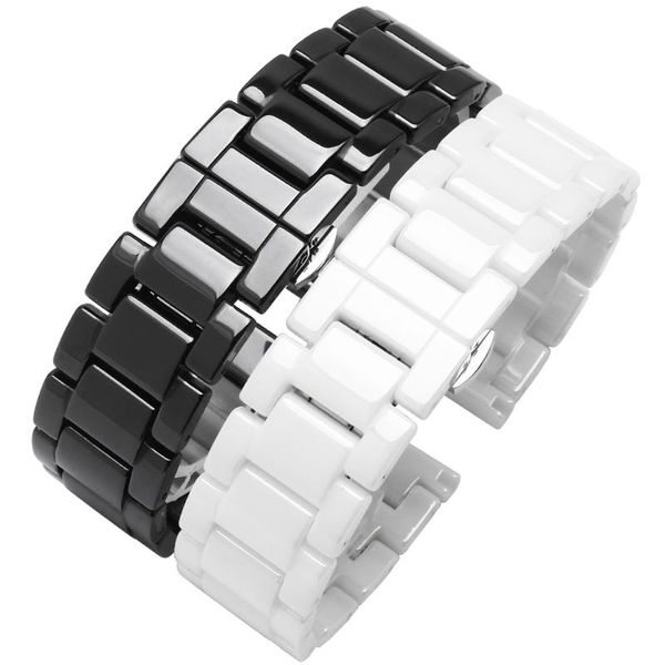 

watch bands pearl ceramic band 14mm 15mm 16mm 17mm 18mm 19mm 21mm 22mm black white wristband with butterfly buckle for men and women, Black;brown