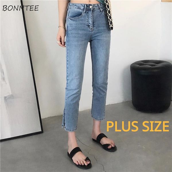 

jeans women ankle-length stretchy straight slim denim side-slit college korean style plus size trendy ulzzang female bottom ins, Blue