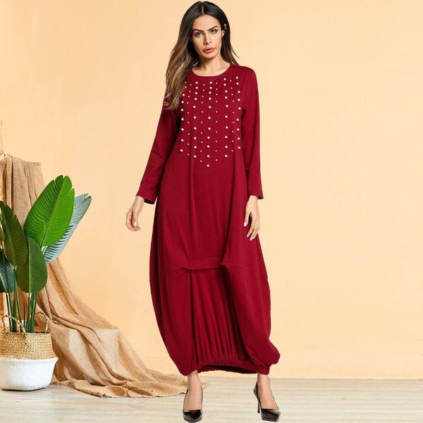 

ethnic clothing muslim dress women fashion plus size binding bead long sleeve round neck dresses abaya turkey dubai, Red