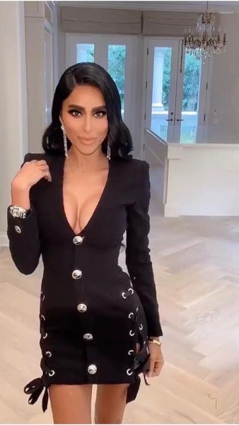 

casual dresses deiveteger deep v-neck long sleeve buttons lace-up bandage black party dress elegant vestido club bodycon winter mini, Black;gray