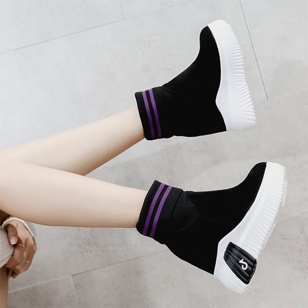 

boots platform women ankle female non slip sneakers shoes 10cm wedge heels sock autumn flock short woman 2021 winter, Black