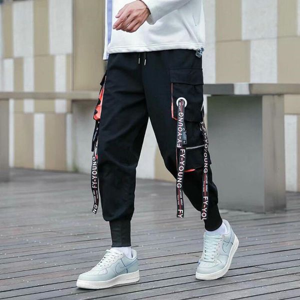 

new streetwear black fashion cargo pants with hip hop drawstring casual thin male sweatpants runners of men 2021 g4hm