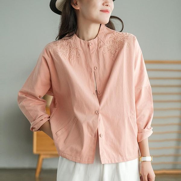 

women's jackets qpfjqd ladies cotton coats o-neck long sleeve embroidery spring autumn women retro loose button coat solid color, Black;brown