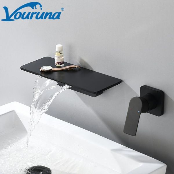 

vouruna black waterfall wall mount bathroom faucet basin sink mixer tap brushed golden vessel wall basin spout set