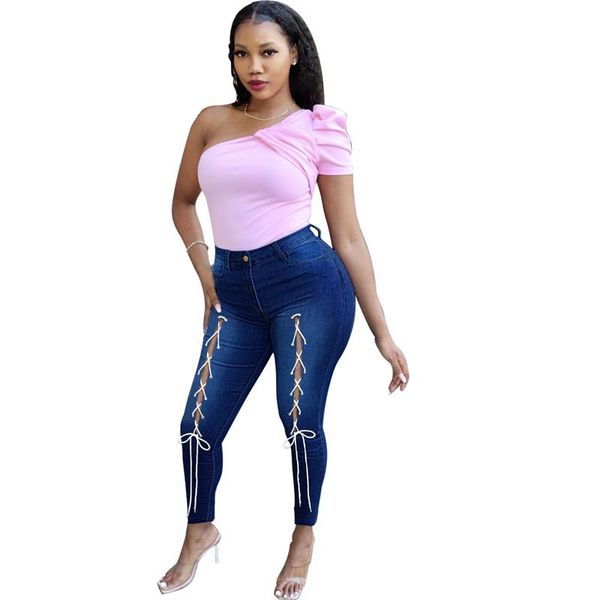 

women's jeans 2021 style ripped skinny fashion lace up high waist pencil pants lady hollow out strappy denim trousers, Blue