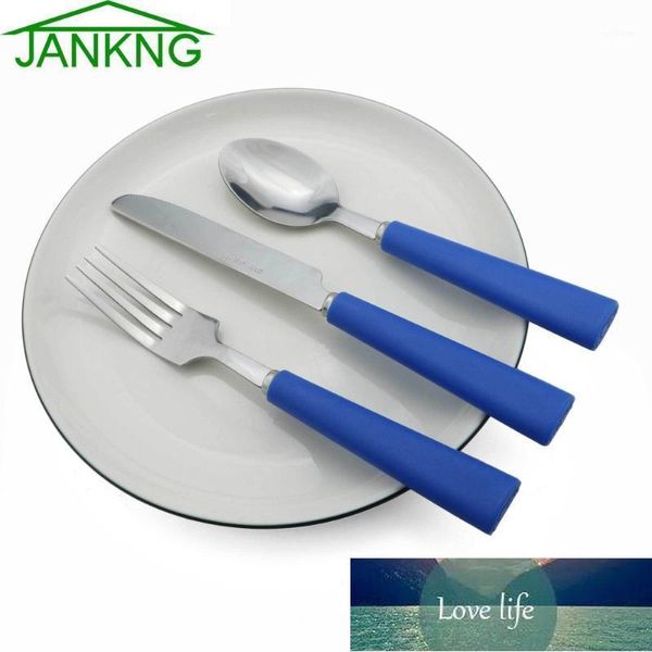 Jankng 3 pcs azul fita de talheres de viagem de viagem de aço inoxidável Talheres de mesa de louça de faca de faca de faca de faca colher de arco-íris set1 Preço de fábrica Qualidade do design