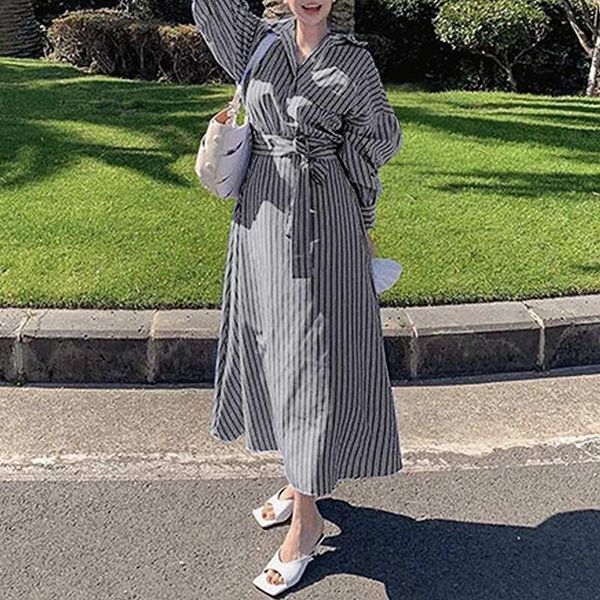 

casual dresses elegant stripe printed vestidos zanzea women full sleeve spring collared long shirt dress work ol midi sundress, Black;gray