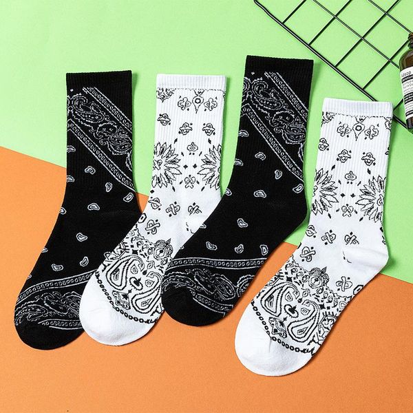 

men's socks retro cashew flower tide men and women street hip hop long tube skateboard cotton, Black