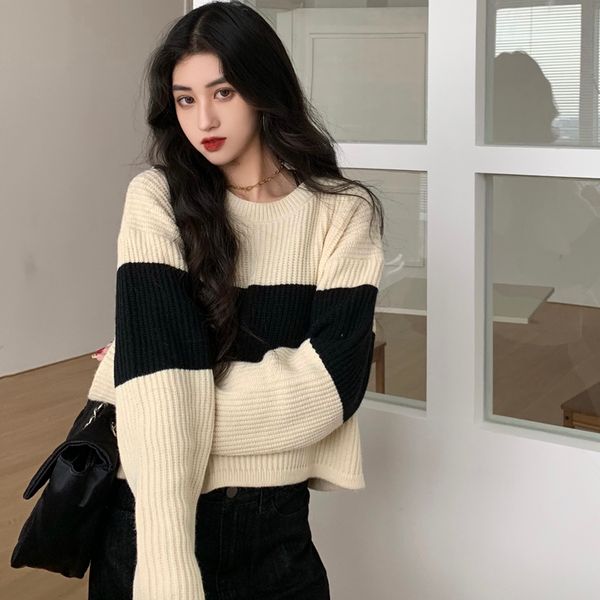 

new 3 colors 2021 autumn winter women pullovers and sweaters jumper preppy style striped female short knitted sweater (c9839) chhk, White;black