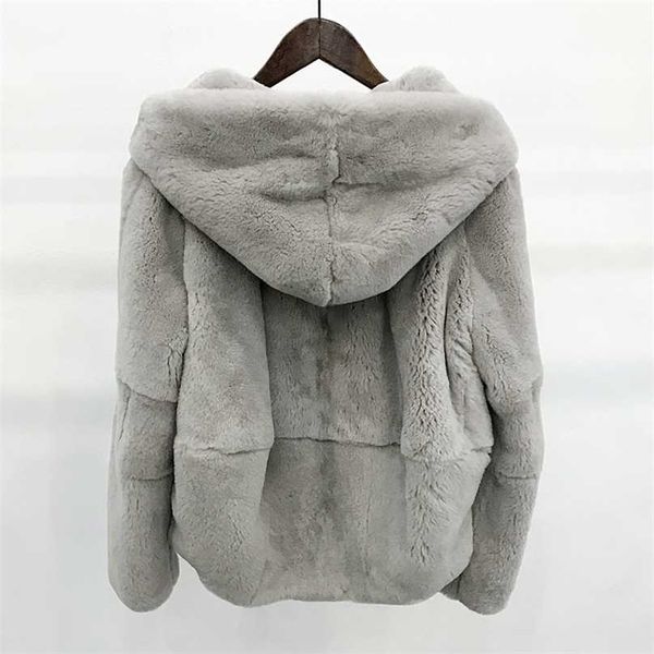 

whole skin natural real rex fur coat clothing women's winter hooded short jacket long-sleeved outerwear coat large size 211018, Black