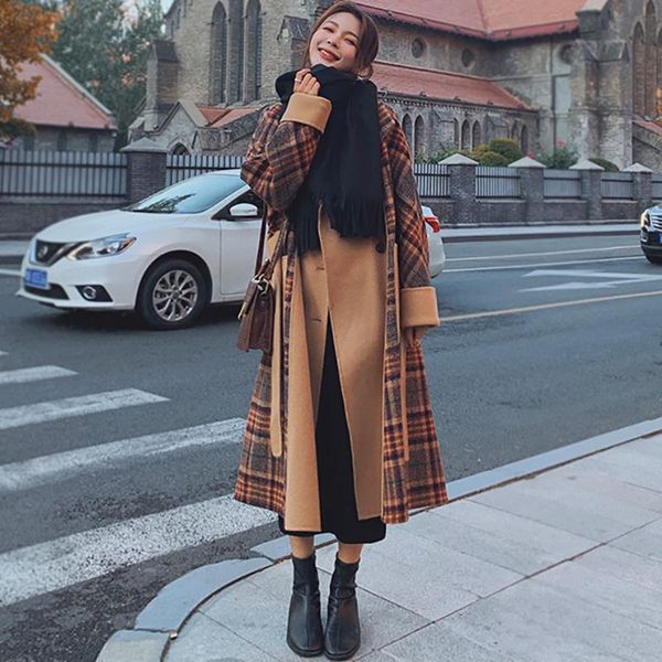 

women's wool & blends mid-length plaid stitching woolen coat autumn and winter french style retro temperament korean clothing qqwwppii5, Black
