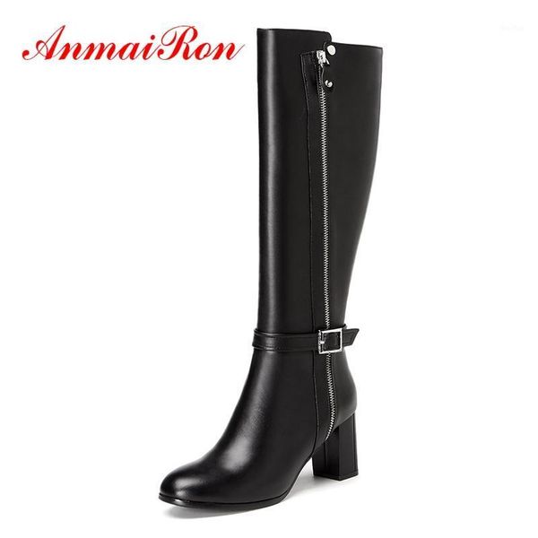 

boots anmairon women fashion round toe zipper knee high lady solid buckle heel botas mujer size 34-39 zyl12661, Black