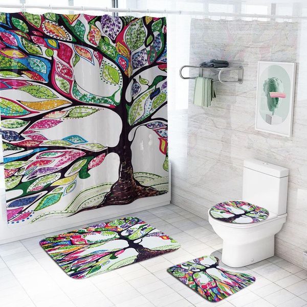 

shower curtains 3d flowers trees curtain sets toilet lid cover and bath mat non-slip rugs waterproof wholesaler colorful bathroom