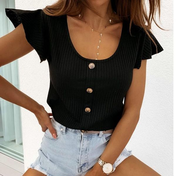 

women's t-shirt summer knitted t shirt fashion simple round neck short sleeves casual solid color buttons t-shirts for women, White