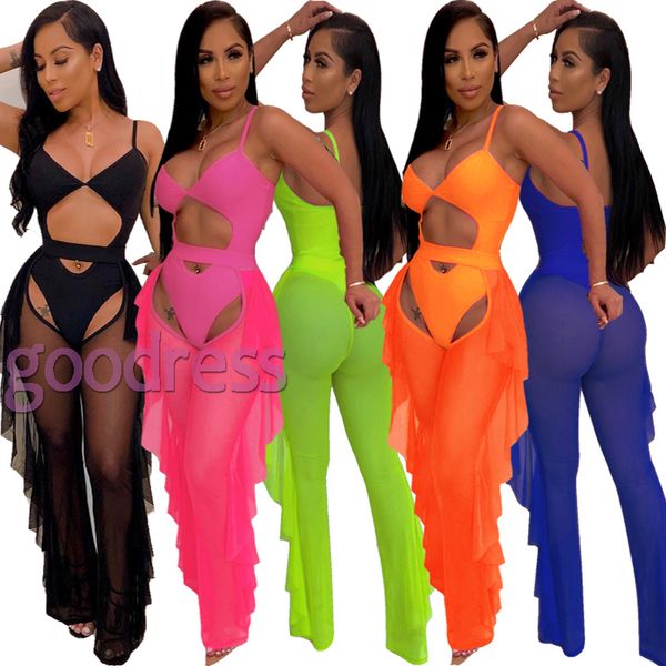 

women bikini set 2pcs hollow out swimsuit perspective mesh ruffles cover up long pants push up swimwear party club beach bathing suits