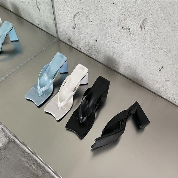 

slippers 2021 summer arrivals clip toe thick high heels casual party pumps ladies blue/white/black fashion slides mules dress