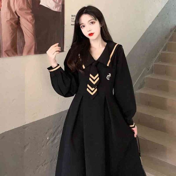

Magogo Autumn Dress Female Sister Retro Navy Collar Long-sleeved College Wind Covering Thin Fairy Black Dress, Black;gray