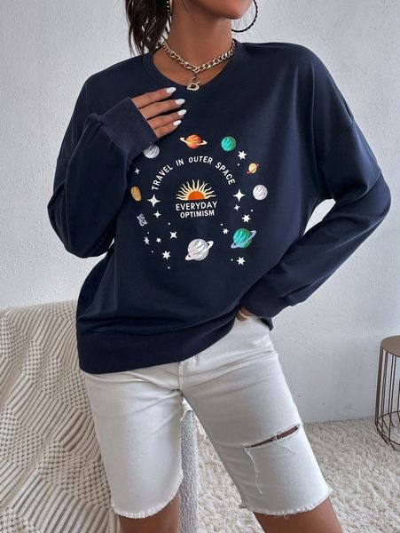 

slogan & planet print drop shoulder sweatshirt q1hj#, White;black