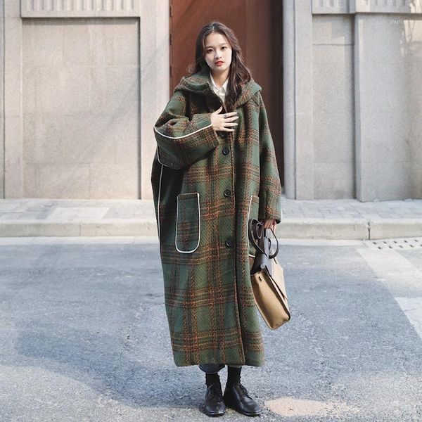 

women's wool & blends winter 2021 oversize small fragrant wind bright line hooded loose tall green plaid woolen overcoat girl, Black