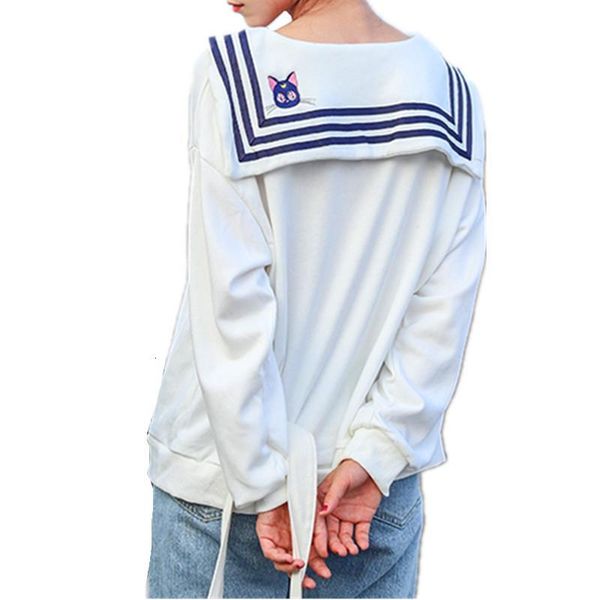 

autumn kawaii sweet girls oversized hoodie sailor collar sweatshirt luna cat moon embroidery drop shoulder casual pullover top, Black