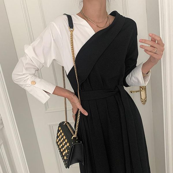 

ewq] 2021 spring female new loose casual v-neck patchwork panelled khaki long sleeve over knee lace up a-line dress 8q390, Black;gray