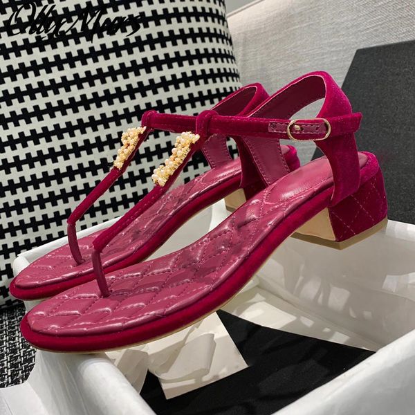 

70% off wholesale flip-flops prowow new runway summer velvet pearl beading sanddals ankle strap thick heel sandals shoes women, Black