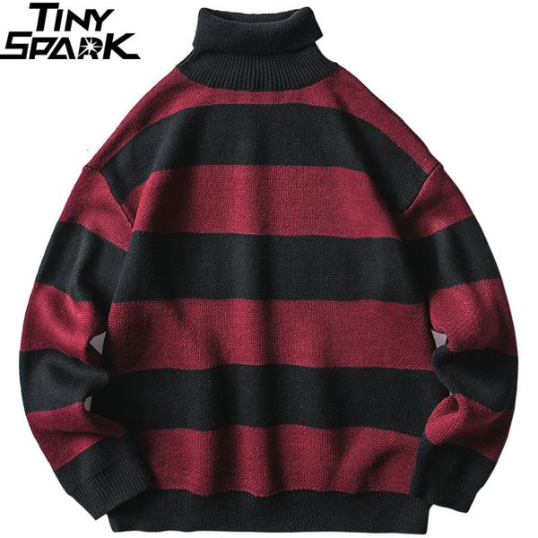 

2021 mens striped sweater pullover hip hop streetwear retro turtleneck sweater harajuku knitted sweaters black red autumn winter t191218, White;black