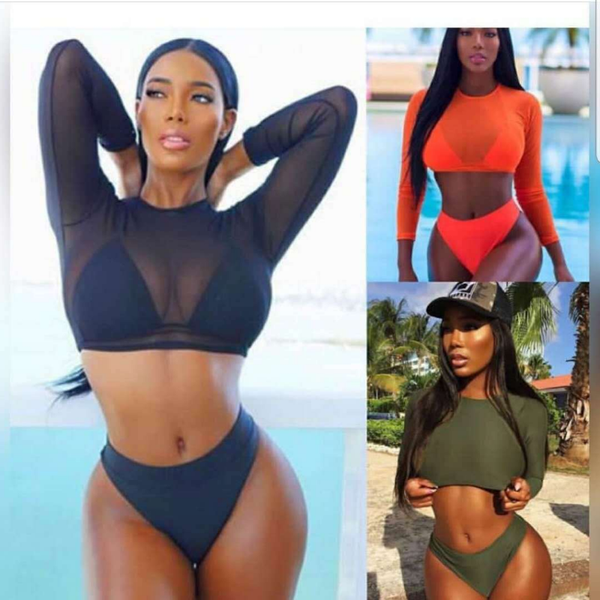 

womens triangle high waist bikini set swimsuit with mesh long sleeve cover up high waist high cut swimwear, White;black