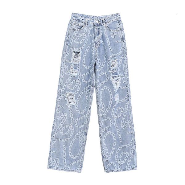 

fashion hole pants women's summer heavy industry washing high waist wide leg pants fashion mj1120, Blue