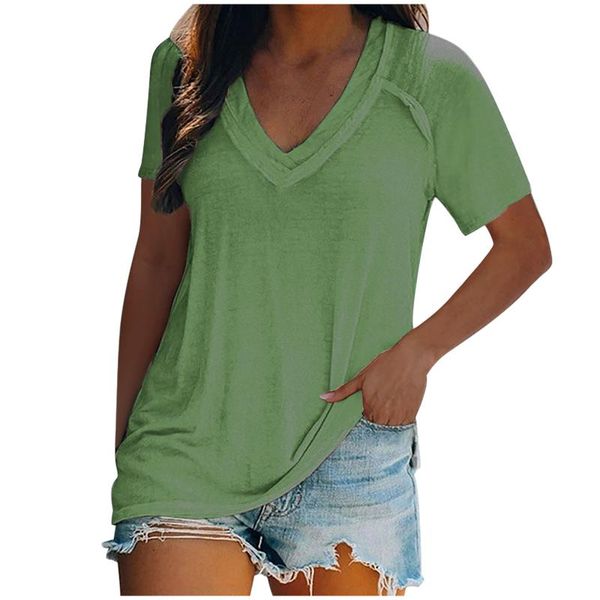 

women's t-shirt 2021 fashion summer short-sleeved casual trumpet sleeves v-neck solid color loose mujer, White