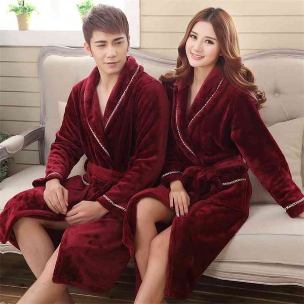 Kış Kalın Sıcak Kadın Mercan Polar Kimono Robe Severler Çift Gecelik Banyo Kıyafeti Pijama Erkekler Büyük Gecelikler M L XL XXL 3XL 210831