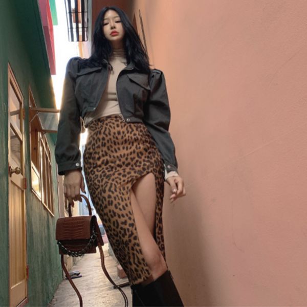 

leopard skirt women high waist slit side streetwear autumn 2021 fashion casual slim vintage animal printed skirts, Black;gray