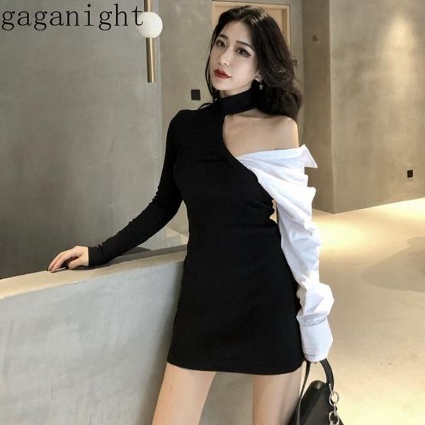 

casual dresses gaganight korean contrast color patchwork temperament dress high waist hip off shoulder slim vestiido pullover long sleeve ro, Black;gray