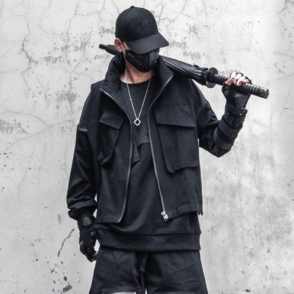 

men's vests hip hop multi pockets zipper cargo vest men waistcoat techwear outwear tactical functional sleeveless jacket streetwear, Black;white