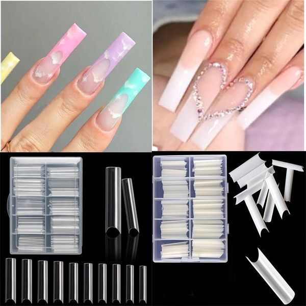 

false nails artificial fake 100or 200 pcs nail full cover clear natural decor french xxl extra long c-curvetubular extension, Red;gold