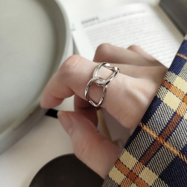 

cluster rings minimalist authentic s925 sterling silver fine jewelry geometric open locked wide ring adjust tlj584, Golden;silver
