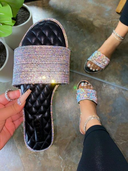 

celebrities women luxury designer slippers rhinestone flats plaid indoor slides casual fashion shoes ladies zapatos de mujer, Black