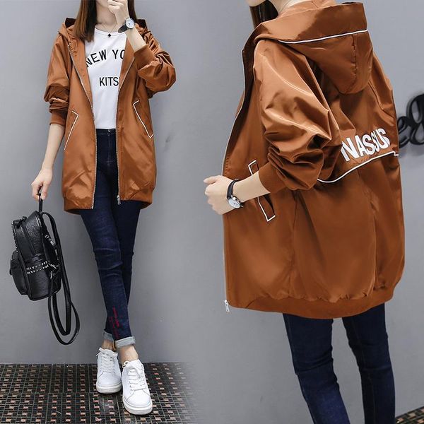 

women's trench coats 2021 windbreaker jacket, baseball uniform with hood, baggy, spring, full size, , casual letter coat zipper, Tan;black