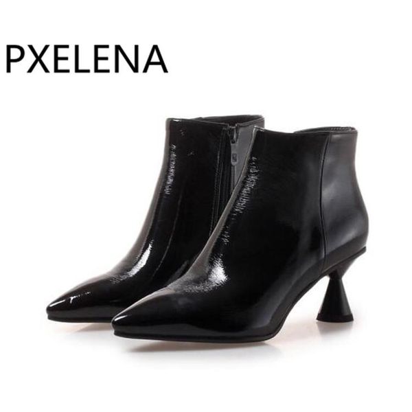 

boots pxelena design strange high heel ankle ladies dress party office shoes pointed toe patent leather short fashion, Black