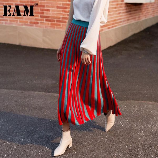 

skirts [eam] high elastic waist red knitting pleated temperament half-body skirt women fashion tide spring autumn 2021 1h092, Black